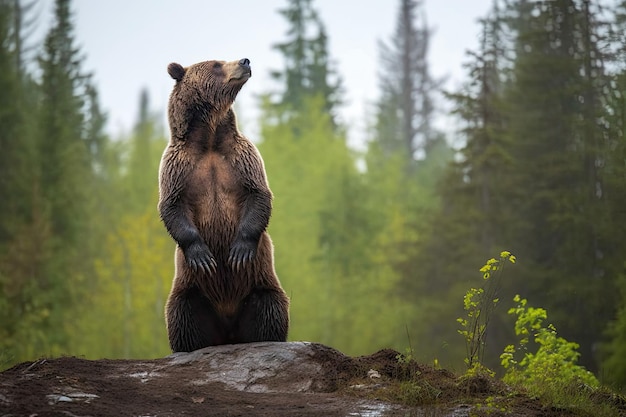 Коричневый медведь стоит на скале в лесу.