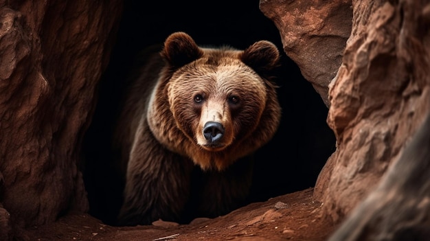 A brown bear stands in a cave with a black nose.