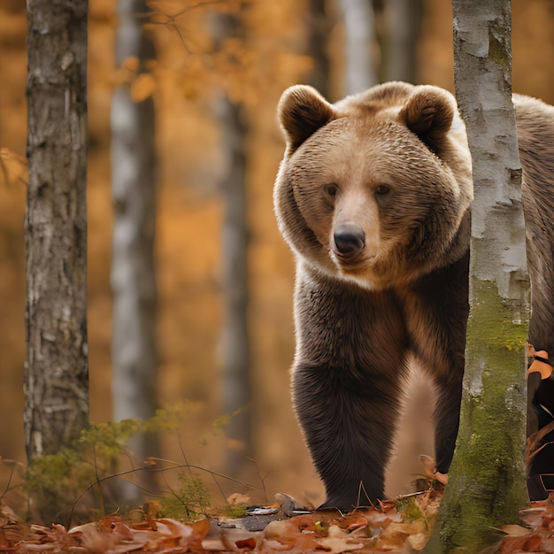 a brown bear stands in a forest with leaves on the ground