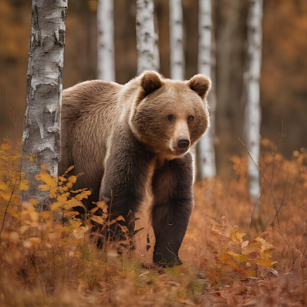 Foto un orso marrone si trova in una foresta con alberi sullo sfondo