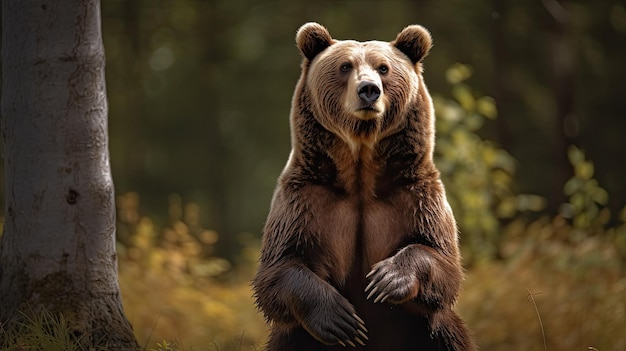 A brown bear stands on its hind legs in a forest.