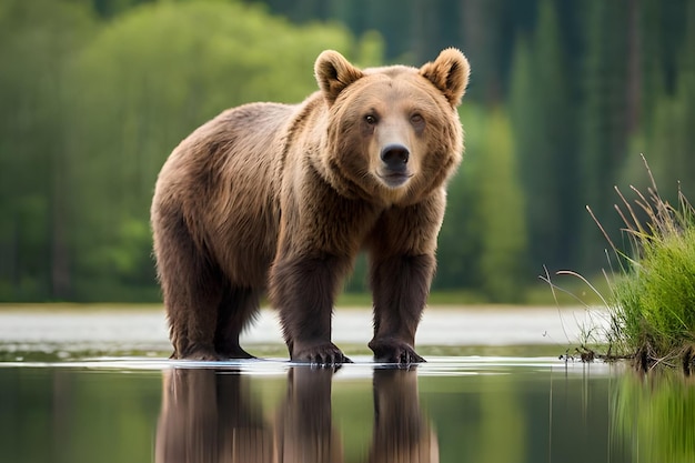 Бурый медведь стоит на озере.
