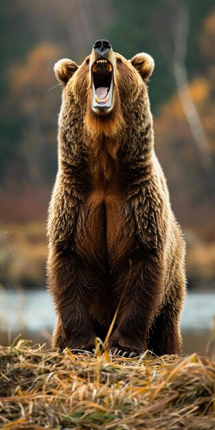 a brown bear stands on a log in front of a lake with a bear on its head