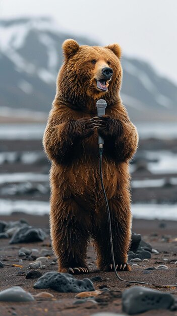 Photo a brown bear stands on a rock and holds a microphone