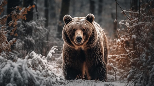 A brown bear stands in the snow in the forest.