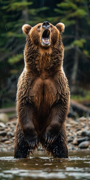 a brown bear stands on a wet forest floor