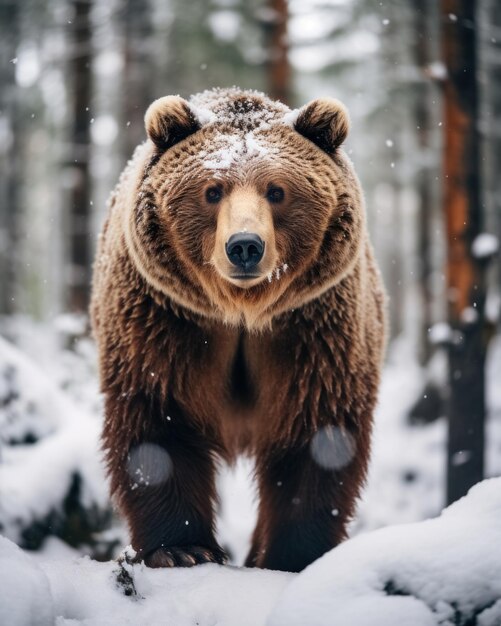 Brown bear stands in winter snowy forest and looks in camera