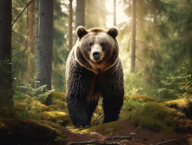 Brown bear walking slowly through the forest