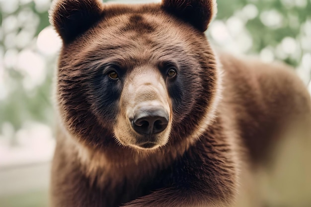 A brown bear with a black nose and a black nose is looking at the camera.