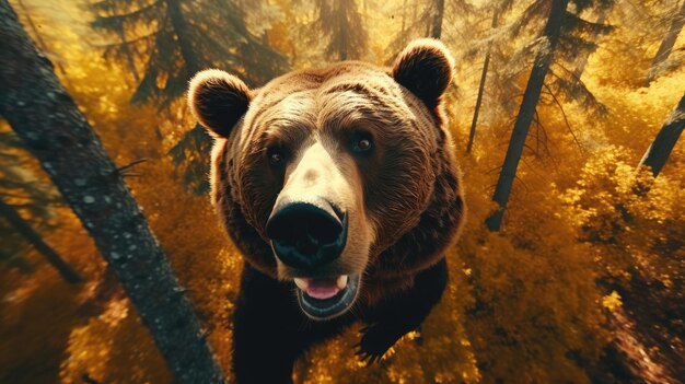 a brown bear with a brown nose is standing in a forest.