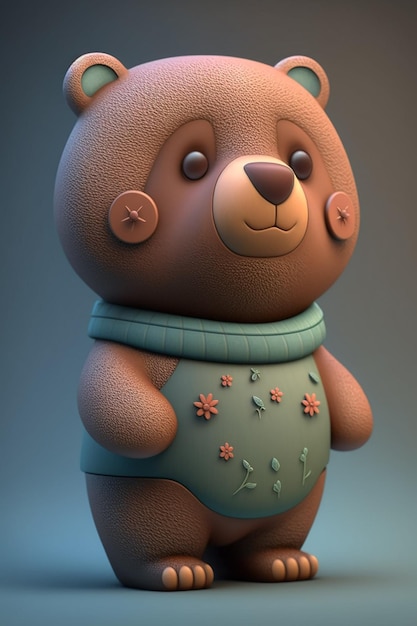 A brown bear with a green shirt and pink flowers on it.