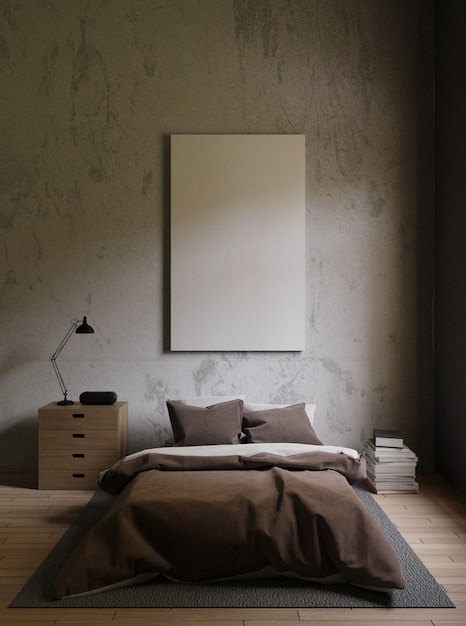 Brown bed in a dark bedroom with concrete walls 