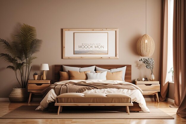 Brown bedroom interior with frame mockup