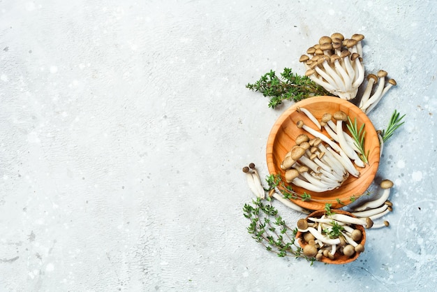 Brown beech mushrooms or Shimeji mushroom on a stone table Top view