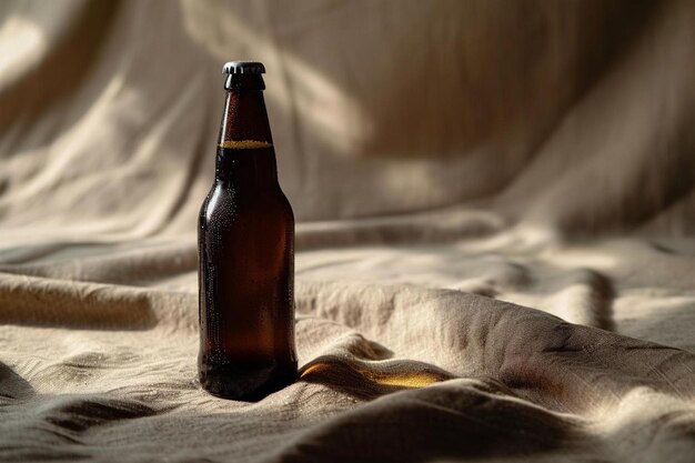 Photo a brown beer bottle sitting on top of a bed