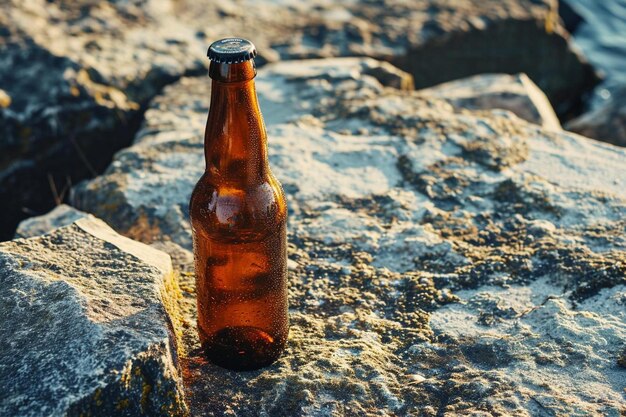 a brown beer bottle sitting on top of a rock