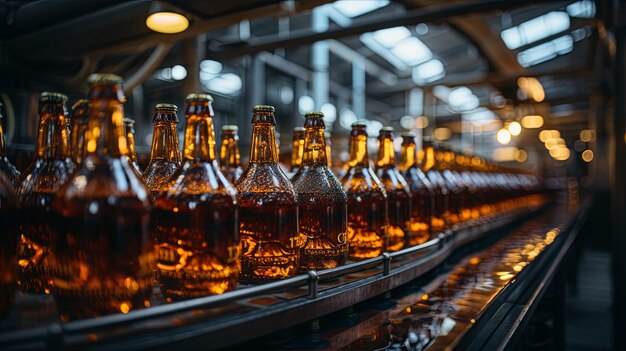Brown beer bottles on a conveyor belt workers in the background Ideal for illustrating industrial food manufacturing Generative AI