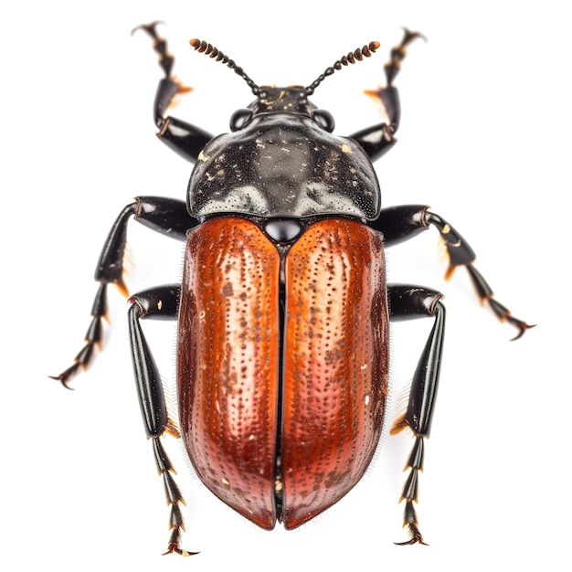 A brown beetle with a black and red face is shown with a white background.