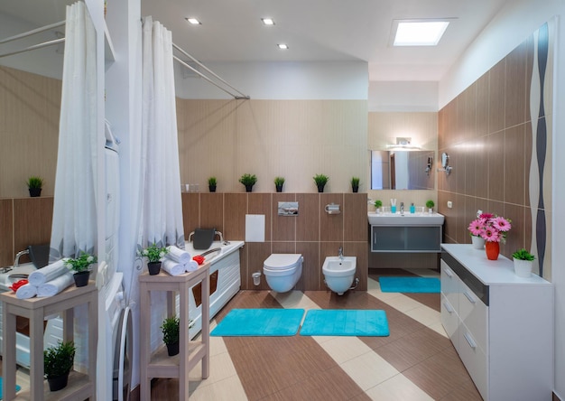 Foto piastrelle marroni e beige interno del bagno in casa privata toilette e bagno