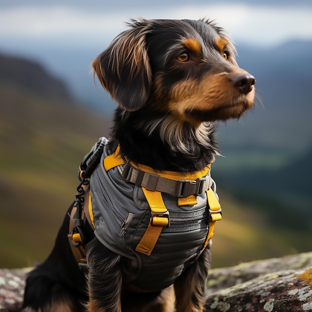 茶色と黒の最高の犬のベストが座ってハンドラー ハーネスカメラを見ている目を持つかわいい犬