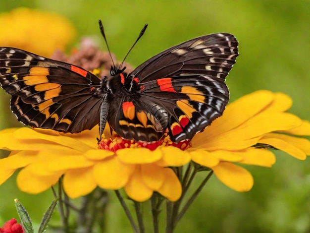 Коричневая и черная бабочка, сидящая на желтом и красном лепестках цветка
