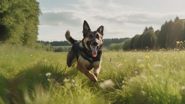 Brown black Old German Shepherd Dog running chasing something toward the camera dog tongue out playing in the green grass blue sky forest and nature background