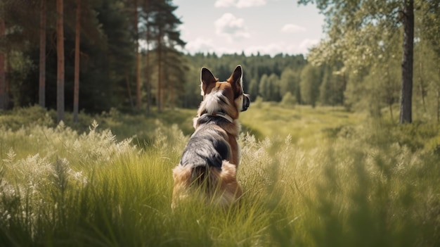 Brown black Old German Shepherd Dog sit stare and look something in the forest playing in the nature guarding the area