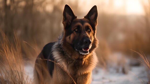 茶色の黒の古いジャーマン シェパード犬は、自然の中で遊んだ後、顔に雪が降る氷を見つめて何かを見つめて立っています。