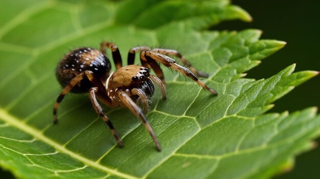 Brown and black spider on green leaf