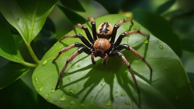 Brown and black spider on green leaf