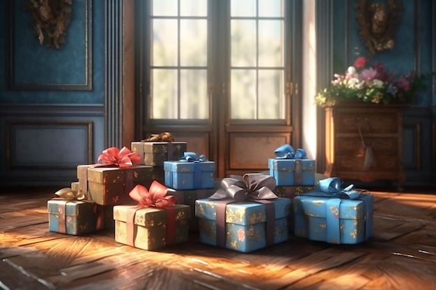 Brown and blue gift boxes with bows in interior Generative AI