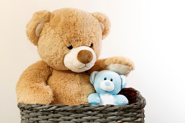 Brown and blue Teddy bears in a basket.