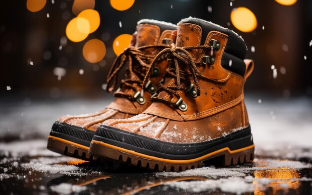 Brown boots rest atop snowcovered ground a stark contrast of warmth against the icy backdrop