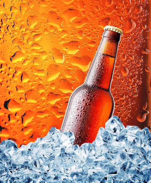 Brown bottle of beer in the ice