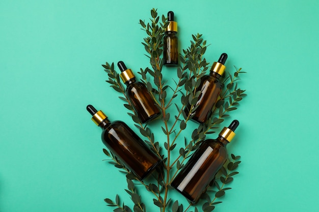 Brown bottles of eucalyptus oil and branch on mint background