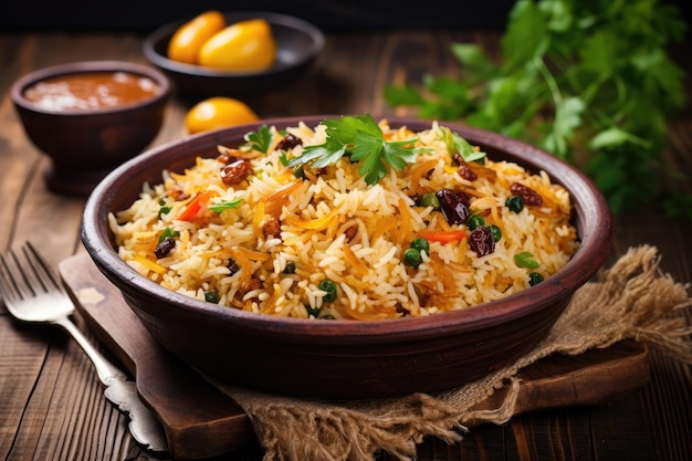Коричневая миска, наполненная рисом и овощами, питательная и здоровая еда, вкусный пилаф из Ферганы, любимое узбекское блюдо на деревянном фоне.
