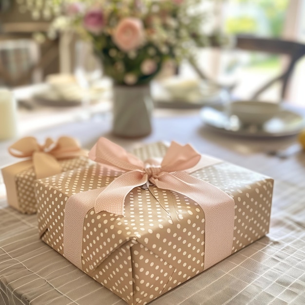 A brown box with a pink ribbon and white dots on it