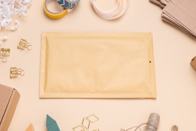 Brown bubble envelope on color desk