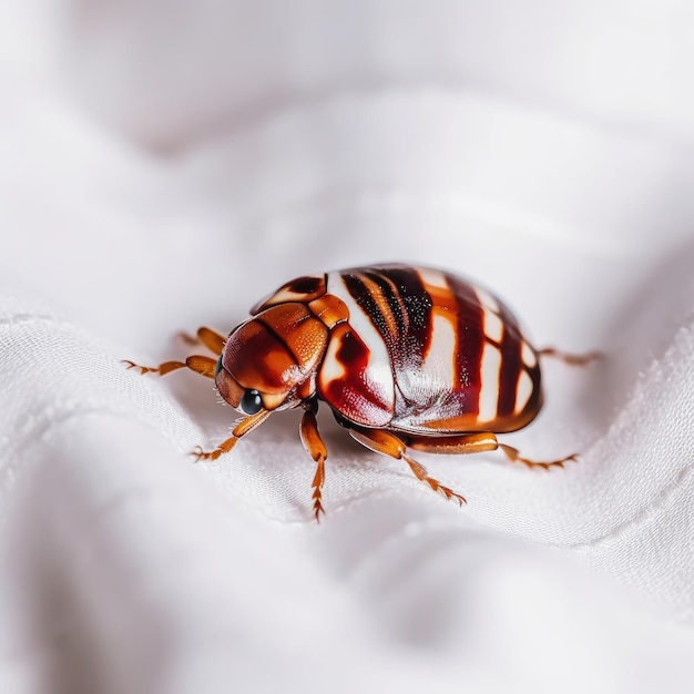 A brown bug with black stripes sits on a white cloth.