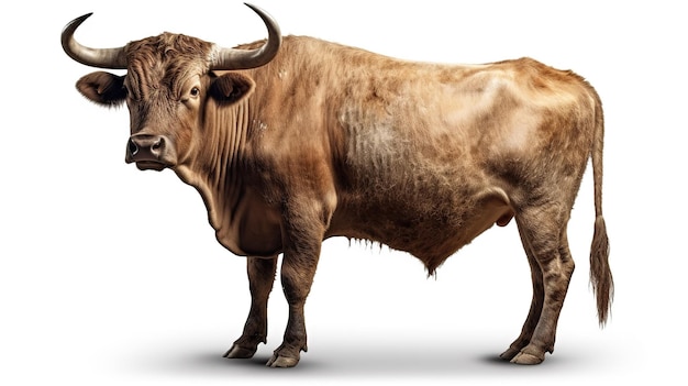 A brown bull with horns stands on a white background.