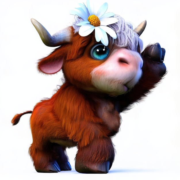 A brown bull with a white flower on its head