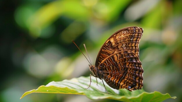 A brown butterfly sitting on a leaf with green leaves