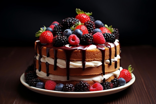 Brown cake with berries on the table