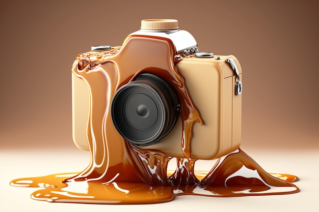 Photo a brown camera with caramel sauce dripping down it.