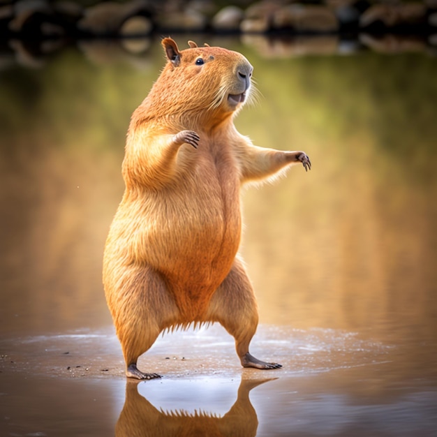 A brown capybara stands in a body of water with its mouth open.