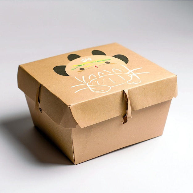 Photo brown cardboard box with a drawing of a mouse on a white background