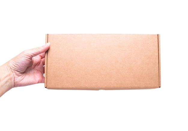 Brown cardboard box in woman hand isolated