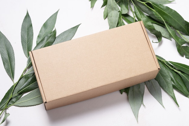 Коричневая картонная картонная коробка с свежими зелеными листьями