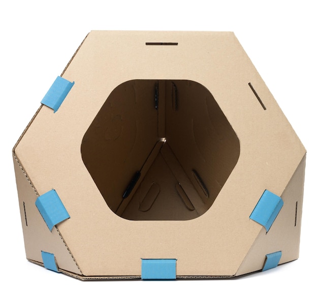 Brown cardboard modular house with a hole for cats and animals