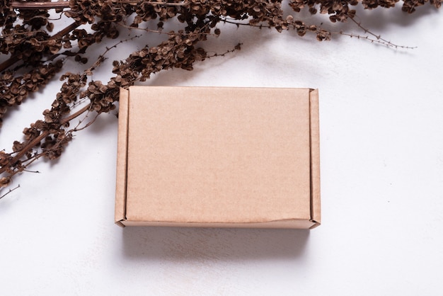 Brown carton cardboard box decorated with dried branch mock up